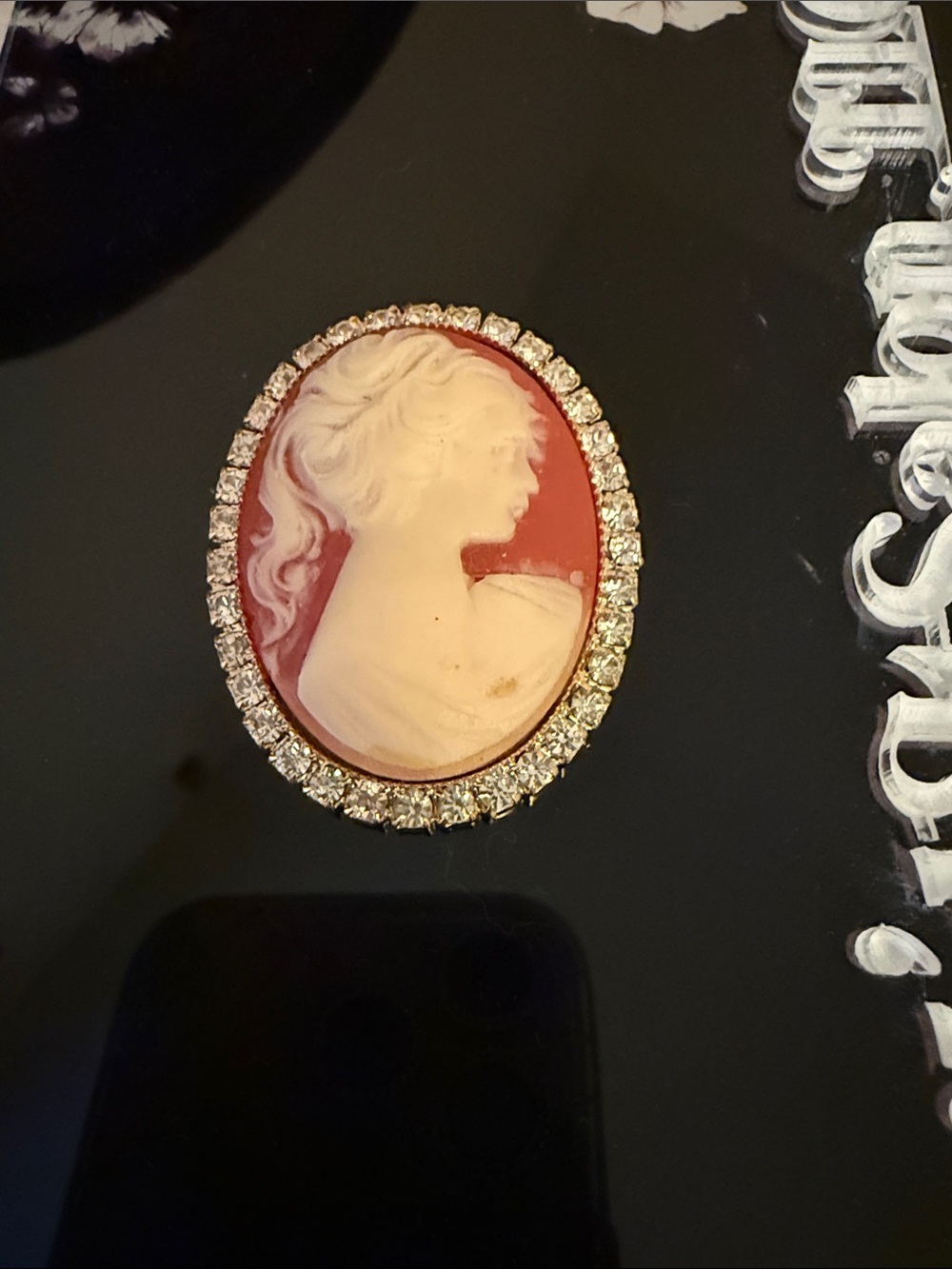 Classic Cameo Brooch in Coral and Ivory with Crystal Halo